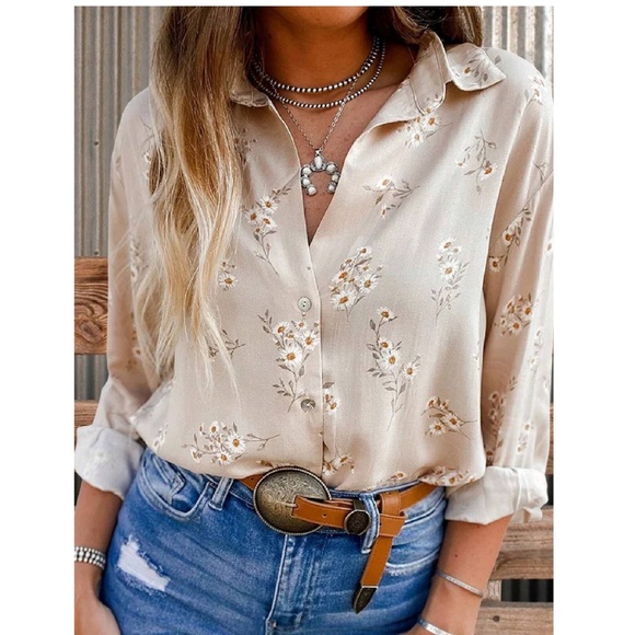 Boho Floral Print Button Down Boyfriend Shirt - Picture 1 of 6